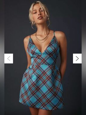 NWOT Kimchi Blue Turquoise Plaid Spaghetti-Strap Mini Dress